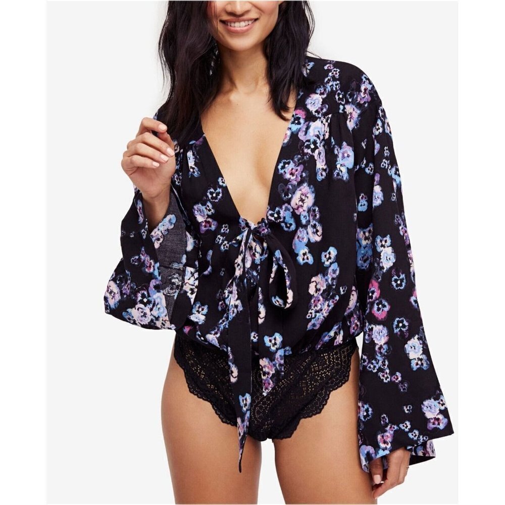 Free People Women's Forties Feel Long Sleeve Floral Bodysuit Lace Size S NWOT
